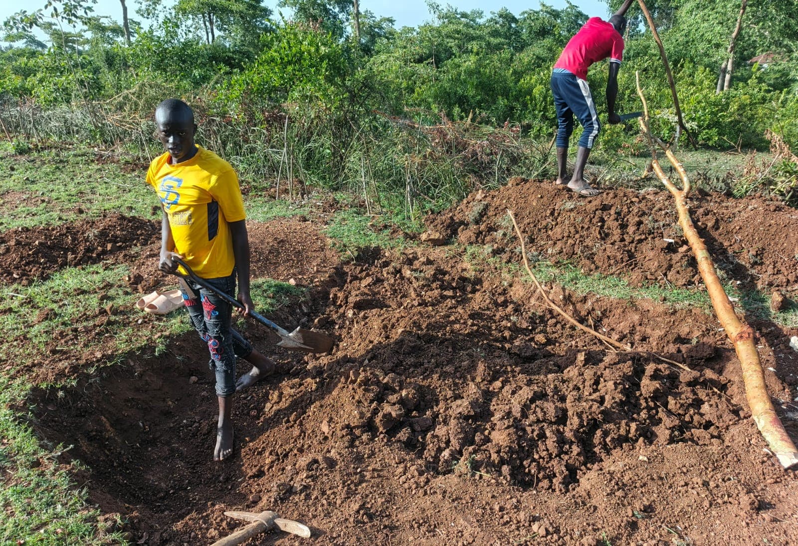 Two young men hand-excavating the GirSiko water pan. One in a yellow shirt stands in the cut holding a spade and looks at the camera; the other, in a red shirt, works on the mound of red soil behind him. Cut brush and green trees surround the site.