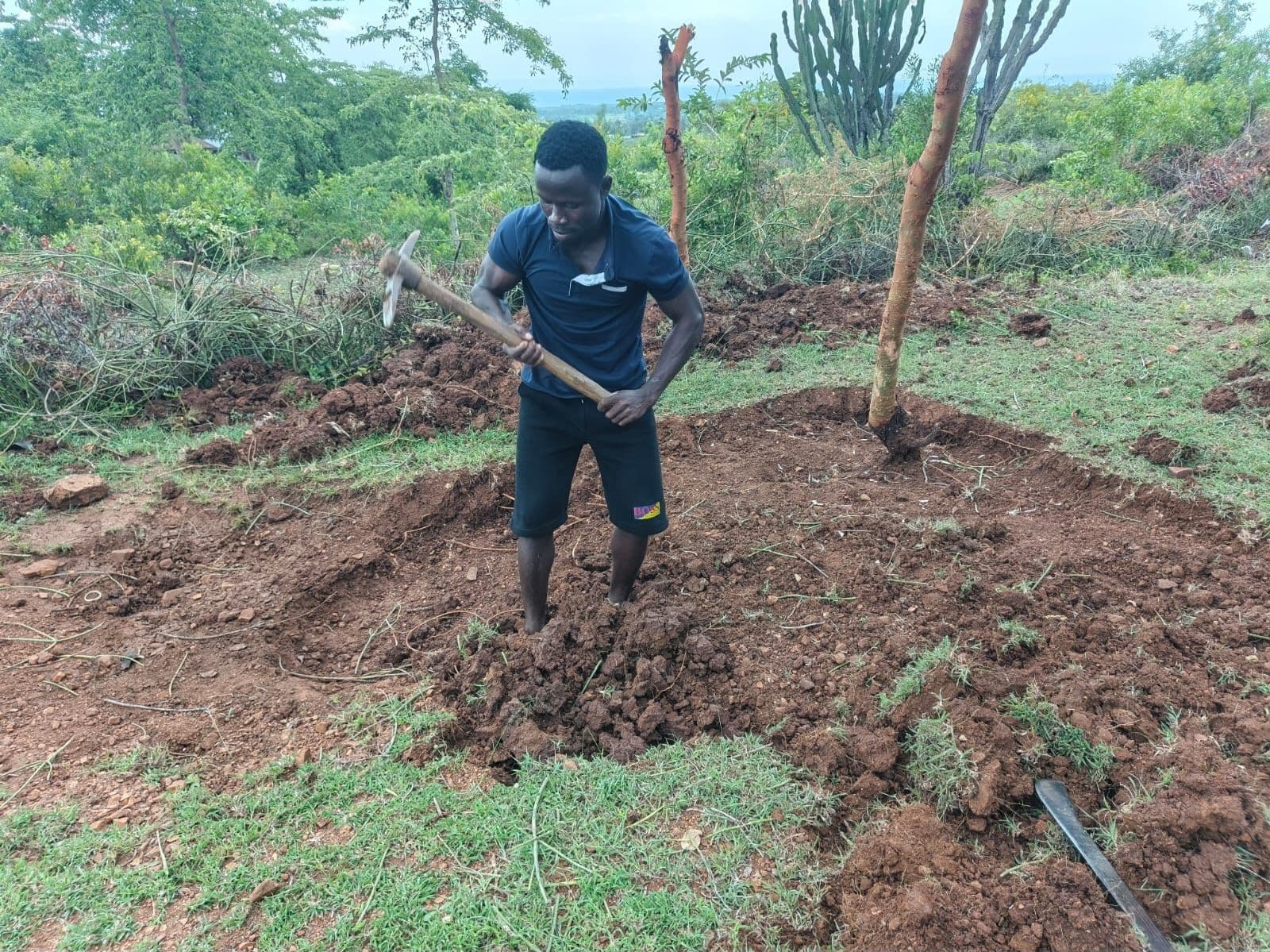 A young man in a navy polo shirt swinging a mattock to break red soil while hand-excavating the GirSiko water pan. Candelabra euphorbia and cut brush ring the site, and Lake Victoria is visible on the horizon.